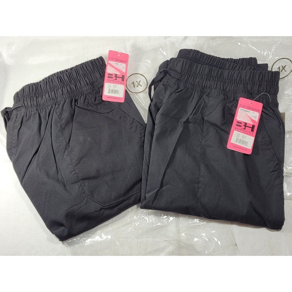 2 Pairs Beverly Hills Uniforms Jogger Scrub Pants Style #828X - Black - Size 1X
